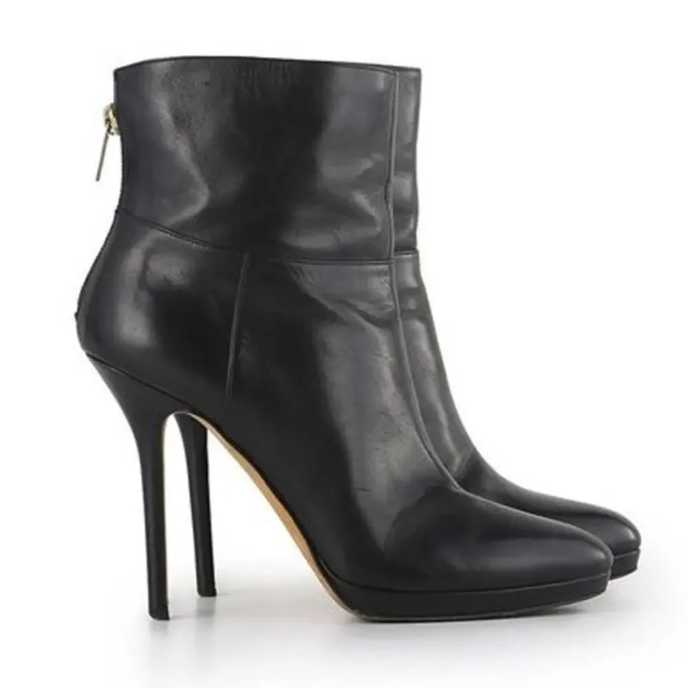 Jimmy Choo Ankle Booties Black‎ Leather Stiletto Heels Boots Sz 37.5 / 7.5